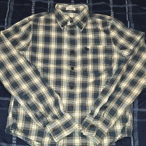 Hollister Men's Checkered Shirt in Blue and Cream